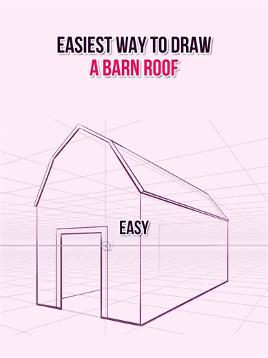 To draw a barn roof is really easy. First, just find the middle using the diagonal cross. Let’s say this is your highest point. Send it to the vanishing point. But how do we deal with the slope? Well, if it is in the middle of each half, it is easy: just use the same cross, raise both new middles, and choose the height. But be careful, because you need the same height here, so send a perspective guide from the first one. Now just join the profile and send all the points to the second vanishing p