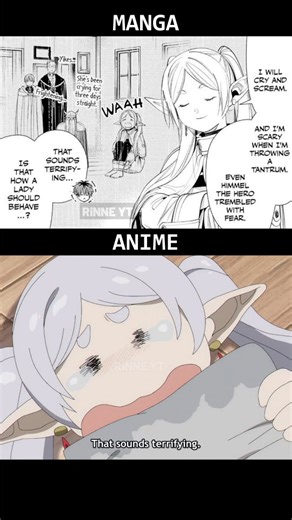 In the Frieren: Beyond Journey’s End manga, Frieren’s crying moment is very brief, essentially just a single panel. The anime expands that tiny beat into a full scene. This adaptation choice turns a small illustrated detail into a memorable animated sequence, showing how the anime deepens moments that were only hinted at on the page. #Frieren #FrierenSeason2 #SousouNoFrieren #Madhouse #Anime2026 animemoment | Rinne yt