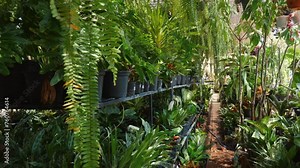 Lush greenhouse interior teeming with variety of potted plants and foliage. Botanical garden scene with array of tropical vegetation. Nature and environmental conservation. Stock Video