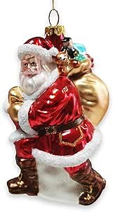 Holly Jolly Santa Claus with Gift Bag and Toys Blown Glass Christmas Ornament