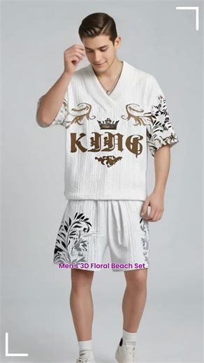 Men's Summer Casual 3D Printed V-Neck Short Sleeve & Shorts Set, Gold Floral Crown Design, Beach Wear, Easy Fitted #swimsuit #holidayoutfits #summermusthaves #cozyloungewearset #flatteringtwopieceset #holidayoutfitideas #loungewearsets #amazonholidayoutfits #unisexsweatsuits #athleisuremen
