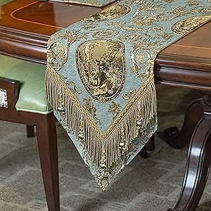 Loom and Mill Luxury Thick Damask Table Runner, Vintage Jacquard Chenille Table Runners with Handmade Multi-Tassels for Dining Room Dresser Party Spring Decorations(13" x 108", Light Green)…