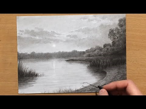 Sunset on a Lake Charcoal Drawing
