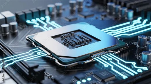 Close-up animation of a computer CPU processor socket on a motherboard with glowing blue data pathways flowing.