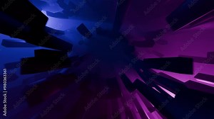 Cinematic science fiction background with 3D shapes moving in a mist with pink and blue lights. Abstract animation of flying in zero gravity through underwater space full of wreckage shadows. 4K 30fps