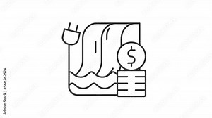 Animated hydropower linear icon. Electricity producing. Renewable energy. Hydroelectric station. Seamless loop HD video with alpha channel on transparent background. Outline motion graphic animation