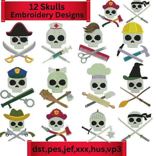 12 Skull Embroidery Designs Bundle – Pirate, Nurse, Chef, Police, Firefighter Skull Set – Machine Embroidery Design - Etsy