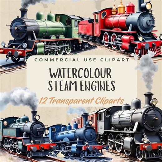 Watercolour Steam Engine Transparent Clipart Pack: Digital Art, Watercolour Illustration, Locomotive Train Image Graphics - Etsy UK