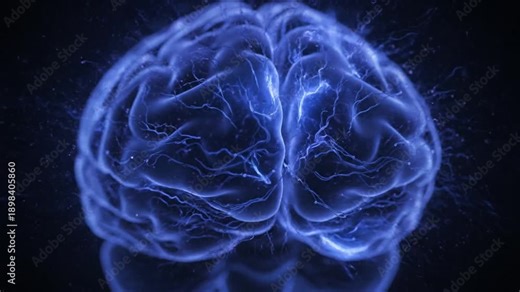 A mesmerizing animation of a human brain composed of glowing neural networks, with electric synapses firing and energy pulses flowing through neurons. This futuristic visualization, in deep blue and p