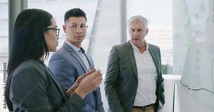 Sticky note, team or business people planning strategy, schedule or discussion. Group, brainstorming idea or meeting on whiteboard, corporate consultant in collaboration or problem solving in office