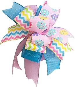 Easter Wreath Bows 10X12Inch, Pre-Tied Striped Easter Egg Wired Ribbon Spring Bow, Tree Topper Bow for Front Door Indoor Outdoor Spring Farmhouse Bow
