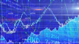 Animation of stock with green and blue stock market numbers and graphs