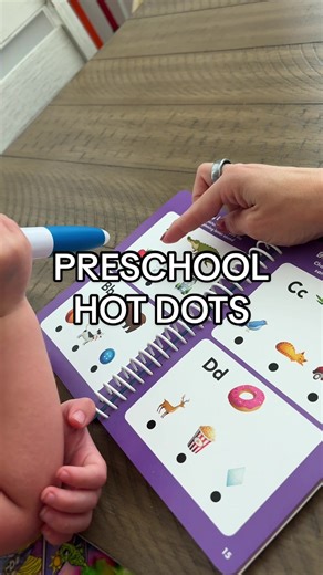 Interactive pen that is reusable, screen free, and so much fun! This is the preschool version with reading and math! You can also turn the volume off and only have it light up green and red! Love the red and green feature for if she was doing it independently in the future!! 🤗👏🏼 #hotdots #educationalinsights #toddlerlearning #learningresources #learningathome