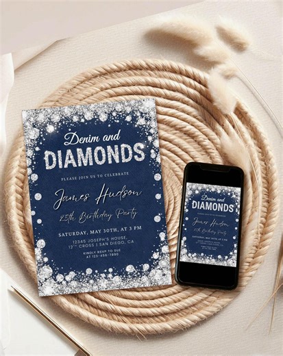 Denim and Diamonds Birthday Invitation, Editable Canva Template (digital Download) D - Etsy