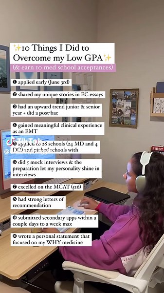 Can you *actually* get into med school with a 3.3 gpa? 🤔 Yes, and I am the perfect example... with a 3.3 science & cumulative gpa I was able to earn 10 medical school acceptances (6 MD and 4 DO) My gpa was well below average and *just* doing well on the MCAT without doing all the other things on the list most likely would not have allowed me to be as successful as I was. Your story MATTERS! So if you’re applying this cycle and want to see HOW I shared stories, what my upward trend looked like, 