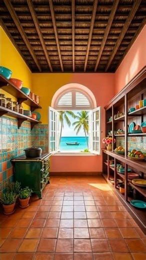 This Caribbean kitchen looks directly at the turquoise sea.🌴🤍
