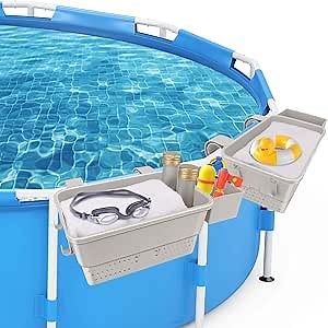 SUVIYA Poolside Storage Basket Larger Capacity with Pool Cup Holder, For Pool Toys , Beverages, Poolside Organizer, Pool Accessories for Above Ground Swimming Pool (Lvory 2 Pack)