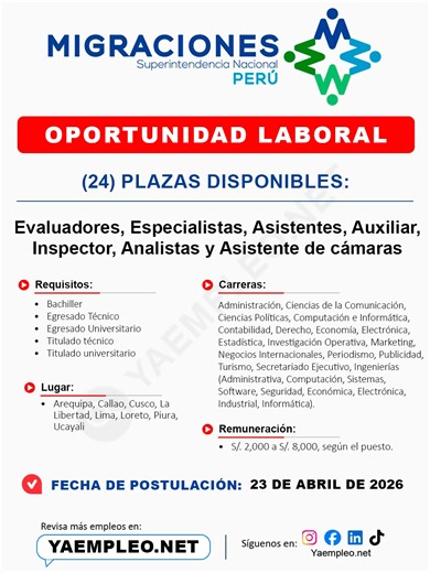 📢 NUEVA CONVOCATORIA: MIGRACIONES – abril 2026 📌 Más información: https://yaempleo.net/posts/migraciones-vacantes-para-evaluadores-especialistas-asistentes-auxiliar-inspector-abril-2026 Oportunidad laboral con 24 vacantes para: ✅ Evaluadores, Especialistas, Asistentes, Auxiliar, Inspector, Analistas y Asistente de cámaras 💰 Sueldo: S/. 2000 a S/. 8000 📍 Lugar: Arequipa, Callao, Cusco, La Libertad, Lima, Loreto, Piura y Ucayali 🎓 Formación: Bachiller, Egresado Técnico, Egresado Universitario