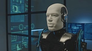 Portrait of human like robot in dark scientific laboratory with software graphics and codes reflecting on projector wall