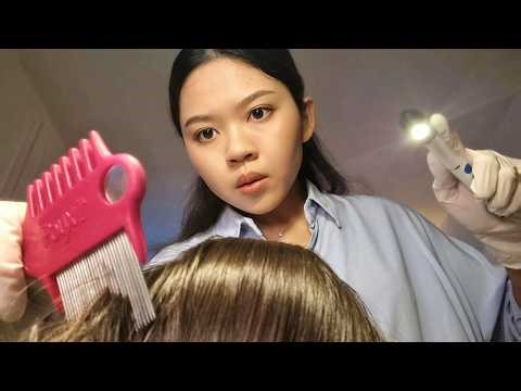 ASMR Thai School Nurse Lice Check 💆‍♀️ (Eng Sub) Removing lice and cleaning the scalp.