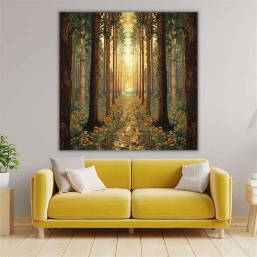 Gustav Klimt Forest Canvas Art, Art Nouveau Pine Tree Wall Decor, Golden Autumn Woodland Painting, Symbolist Nature Gift, Modern Home Art - Etsy