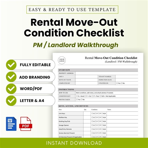 Rental Move-out Condition Checklist Template (property Manager / Landlord Walkthrough) – Word & PDF, A4   US Letter - Etsy
