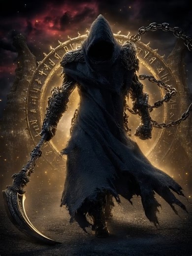 the full body of the grim reaper, surrounded by magical symbols, holding chains in its hands, in a fantasy style and setting, with a dark atmosphere, digital art.