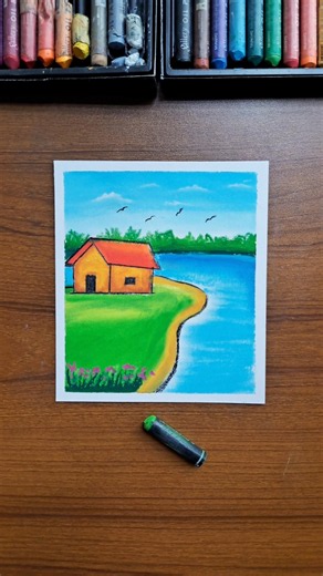 ✨ Easy Village Drawing | Oil Pastel Art #artshorts #easytutorial #acrylicpainting #oilpasteldrawing