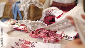 Woman seamstress choosing beautiful lace accessories for traditional Slavic costume. Dressmaker sewing national dresses, shirts. Needlewoman creating clothes. Sew, handmade wears concept.