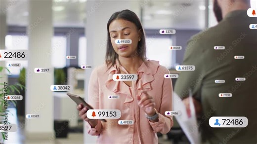 Woman tapping tablet explaining business metrics in office, generating floating badges and labels