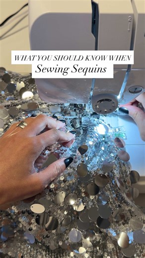 What you should know when sewing sequins. 🪩 When sewing sequins, use a sharp, fine needle like a Microtex or Universal in size 70/10 or 80/12, as these smaller sizes pierce the fabric without snagging or breaking as easily as larger ones, though some suggest even a larger 90/14 or 100/16 for very dense sequins, focusing on a slow, steady stitch with a fresh needle to avoid issues. #sewingtip #sewingsequins #sequinskirt
