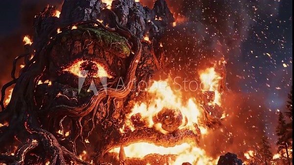 A fiery, rocky face embedded in a tree, with an eye of fire, enveloped by flames