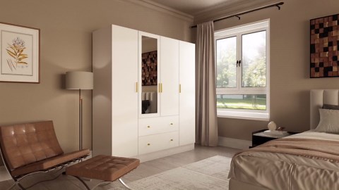 WIAWG Modern Mirrored Armoire Closet for Bedroom, 4 Door Wardrobe with Hanging Rods, Drawers and Shelves, Brown