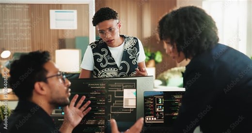 Programming, team and people in meeting with computer for coding ai, algorithm and planning software. Creative, agency and workers talking on pc for framework script, system testing and collaboration