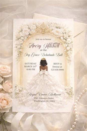 Luxury Debutante Ball Invitation Template, Ivory Gold Floral Quinceanera Invite, Sweet 16 Editable Printable 5x7 Digital Cotillion Invite - Etsy