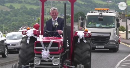 Bride arrives on the back of a tractor as tribute to her family’s rural background