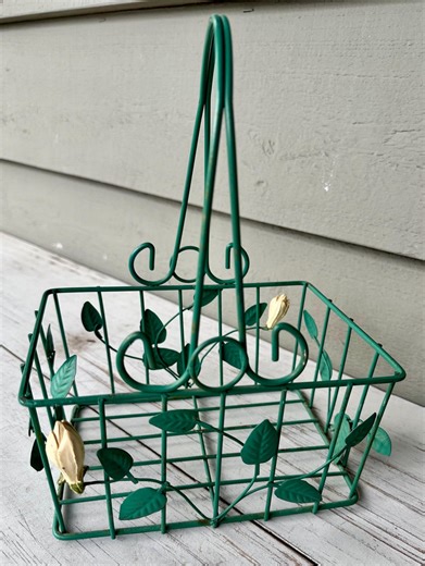 Vintage Wrought Iron Basket - Retro Green Wire Basket With Flower Buds - Etsy