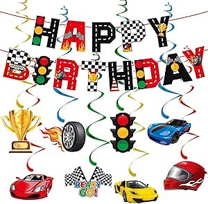 Race Car Birthday Decorations Banner,Cars Birthday Decorations for Boys,Car Themed Birthday Party Decorations,Hot Car Party Decorations,Race Car Happy Birthday Banner