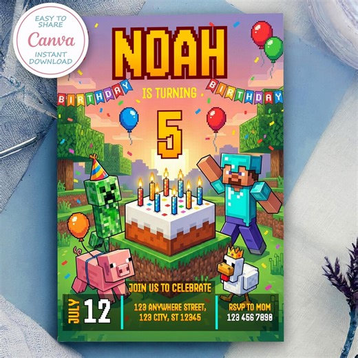 Minecraft Birthday Invitation Template, Editable Gamer Party Invite, Pixel Block Game Theme, Printable Kids Birthday Card, Instant Download - Etsy