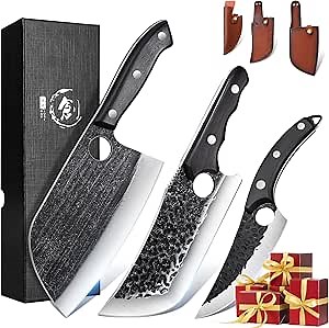 TIJERAS Butcher Knife Set, 3PCS Hand Forged Meat Cleaver, Serbian Chef Knife, Viking Knives with Sheaths, Meat Cutting Chef Knives Set for Kitchen Camping BBQ, Gifts for Men and Women