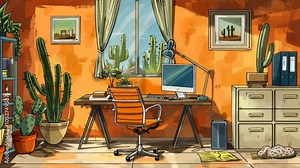 A bright, sun-drenched office with an orange wall, a computer, and a desk with an orange chair