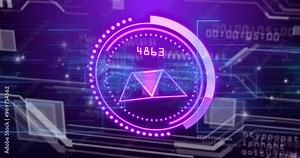 Ethereum symbol and digital data processing animation over futuristic purple background