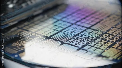 Silicon wafer under a high-precision microscope, showcasing microchip patterns and circuits in a cleanroom semiconductor manufacturing environment