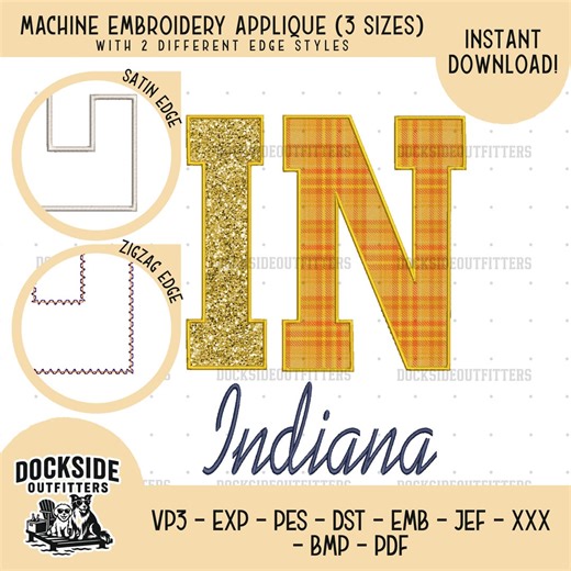 Indiana Outline Applique, State Embroidery Design, Applique Bundle Size - Etsy
