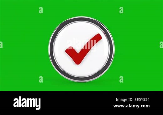 A 3D render of a red check mark inside a white circle with a metallic border, set against a vibrant green screen background Stock Video Footage - Alamy
