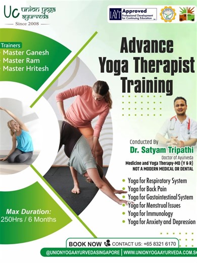 Our Advanced Yoga Therapist Training (250 Hours | 6 Months) is built for teachers who want to go beyond asana and into real therapeutic work. Led by Dr. Satyam Tripathi, with guidance from Master Ganesh, Master Ram, and Master Hritesh, this program offers a structured, clinical, and practical approach to yoga therapy. You’ll learn how to apply therapeutic yoga for: • Respiratory conditions • Back pain and spinal issues • Gastrointestinal disorders • Menstrual and women’s health • Immune system s