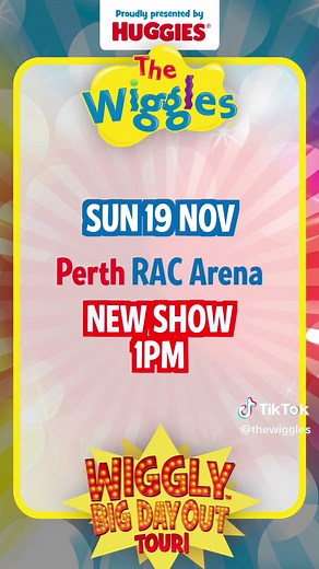 PERTH! 🫵 We're adding another show to our WIGGLY BIG DAY OUT! tour at 1pm on Sunday 19th November. Get ready, On Sale 10AM (AWST) TOMORROW! 🥳 #TheWiggles #Perth #WigglyBIGDayOut