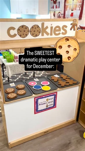 A winter cookie shop is such a sweet dramatic play idea. 🍪🍪🍪🍪🍪 Chocolate chip cookies, gingerbread cookies, and sugar cookies made from cardboard and felt fill the trays. Students “bake,” decorate, and sell cookies using their imaginations and all the cozy props in the shop. There is so much learning tucked inside this center. 🧑‍🍳Role play and language. 🧑‍🍳Counting and sorting. 🧑‍🍳Fine motor skills while decorating. 🧑‍🍳Sharing, cooperating, and lots of pretend fun. If dramatic play 