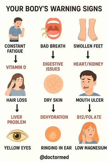 8 Warning Signs Your Body Is Giving You | Health Tips You Should NEVER Ignore 8 Warning Signs Your Body Is Giving You | Health Tips You Should NEVER Ignore! Your body is smarter than you think — it constantly sends you warning signs when something isn’t right. 🚨 In this video, we’ll uncover 8 common body signals that may reveal hidden health problems like vitamin deficiencies, dehydration, or organ issues. From constant fatigue to yellow eyes, every symptom has a story to tell! Watch till the e