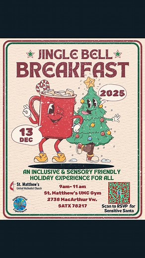 Jingle Bell Breakfast is rolling in on December 13 and it’s made for every kid of any age to feel at ease, whether they’re neurotypical or neurodivergent. Cozy space, chill vibes, a full cocoa bar, a stacked pancake bar, and a Sensory Friendly Santa who moves at your pace. Drop by St. Matthew’s from 9 to 11am. Click the link below to RSVP for Sensitive Santa and come enjoy it all. #SAHolidayEvents #ChristmasInSA #SensoryFriendlyEvents #NeurodivergentCommunity #FamilyFunSA #KidFriendlySA #Holiday